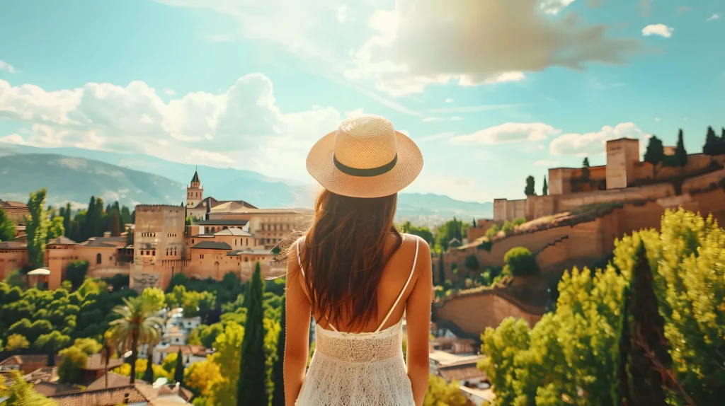 Mooie toeristische jonge vrouw die in de straat van de stad Granada op de zomer lopen, Spanje, het concept van de toerismereis vakantievakanties in Europa