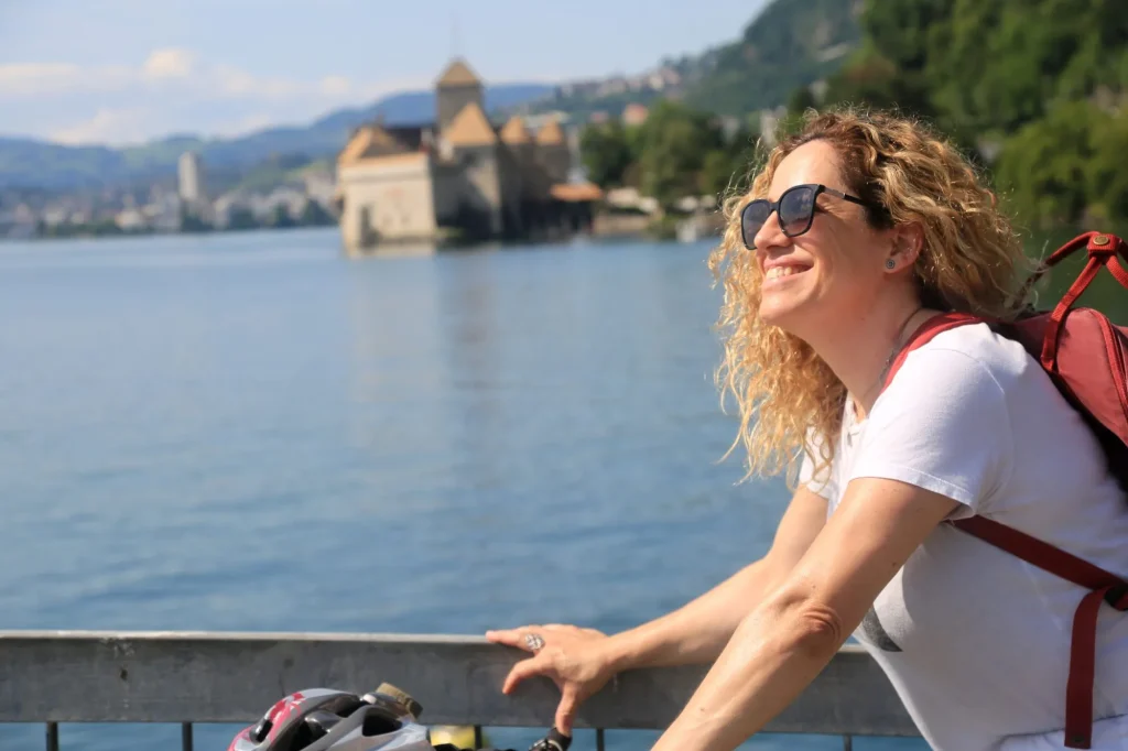 chillon castle in background with girl