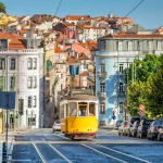 tram on line 28 in lisbon, portugal